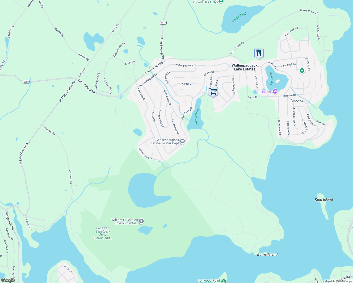 map of restaurants, bars, coffee shops, grocery stores, and more near 9 Tomahawk Road in Lake Ariel