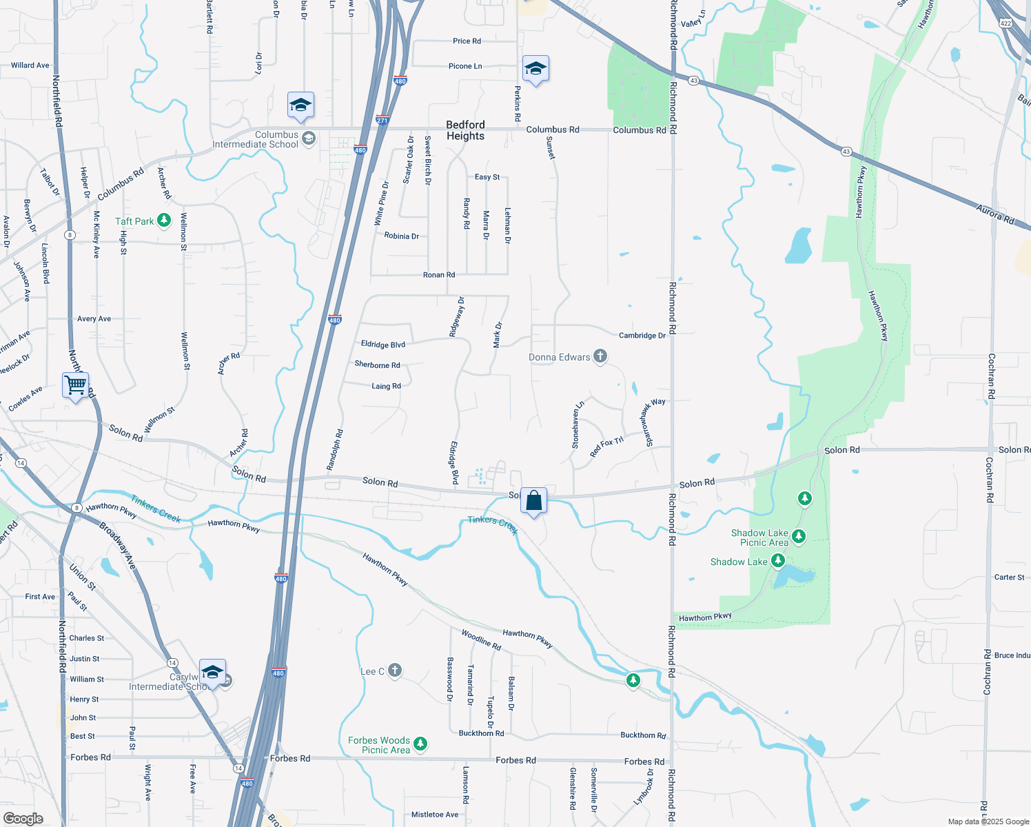 map of restaurants, bars, coffee shops, grocery stores, and more near 6273 Oxford Court in Bedford Heights
