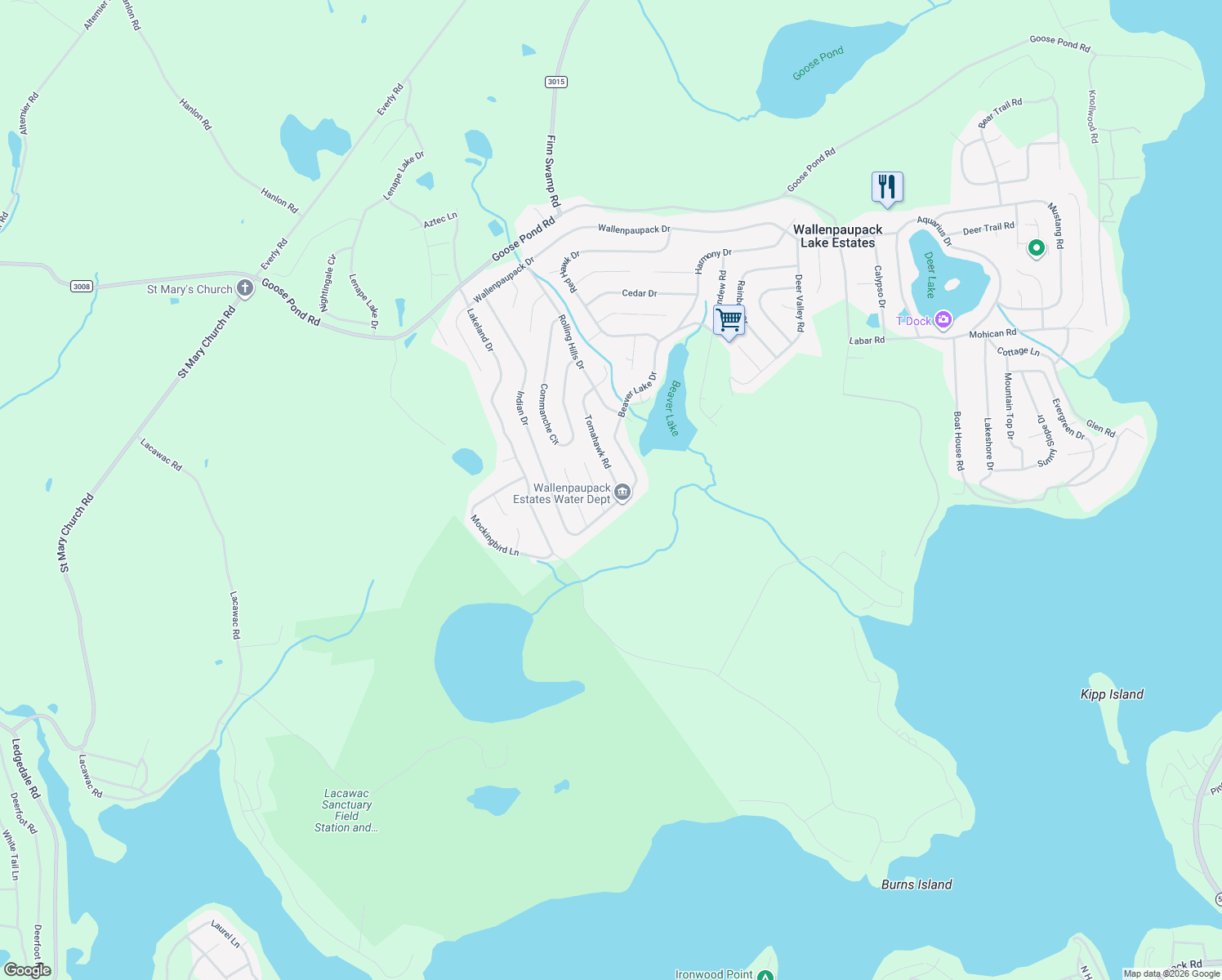 map of restaurants, bars, coffee shops, grocery stores, and more near 9 Tomahawk Road in Lake Ariel
