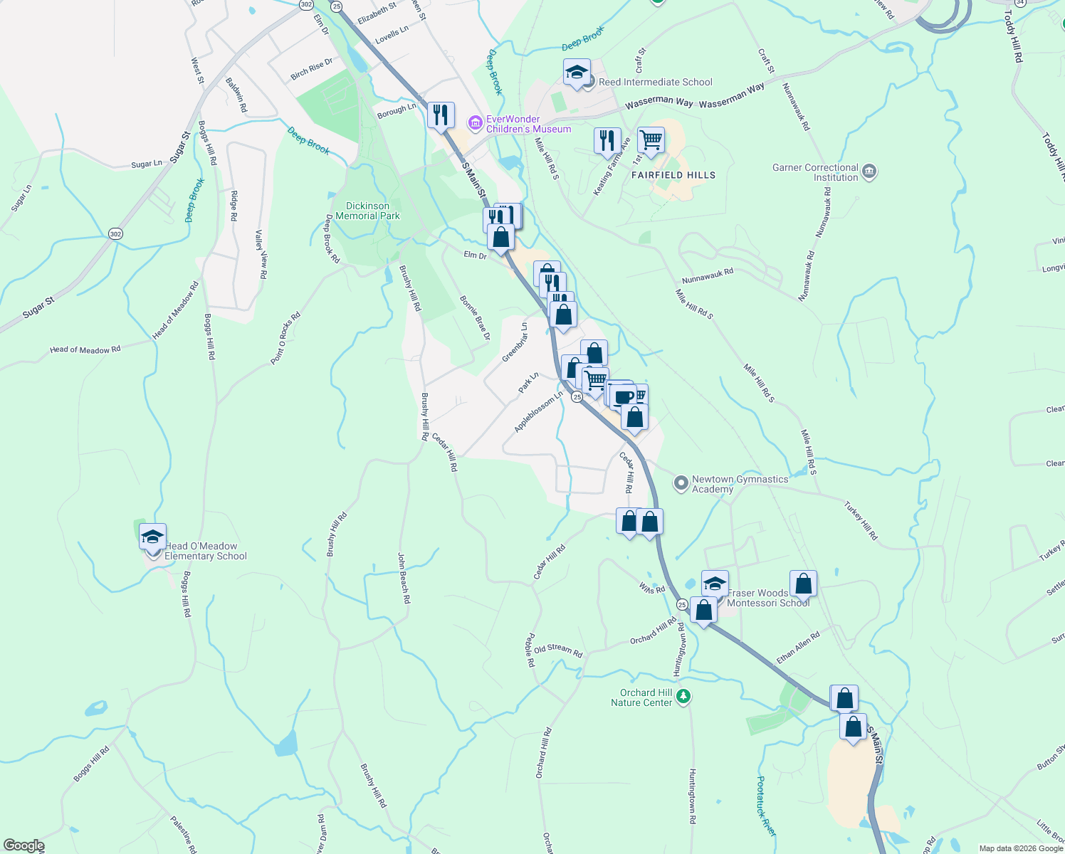 map of restaurants, bars, coffee shops, grocery stores, and more near 13 Appleblossom Lane in Newtown