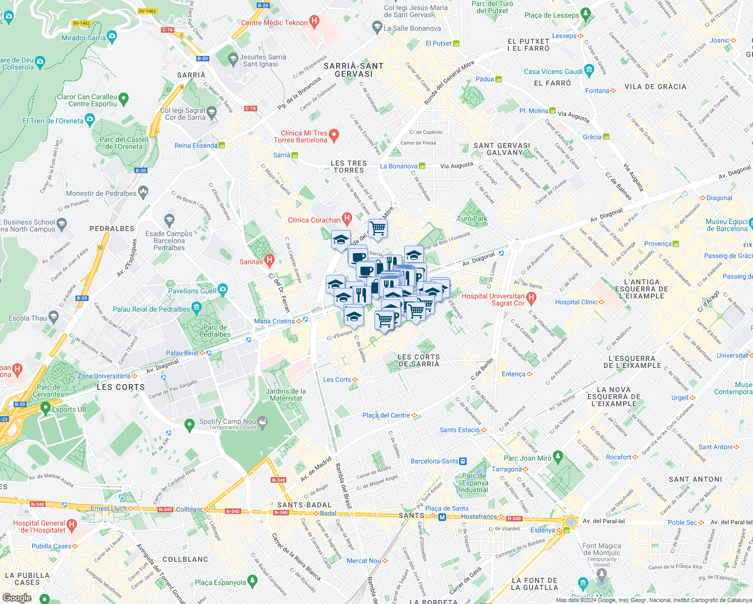 map of restaurants, bars, coffee shops, grocery stores, and more near 579 Avinguda Diagonal in Barcelona