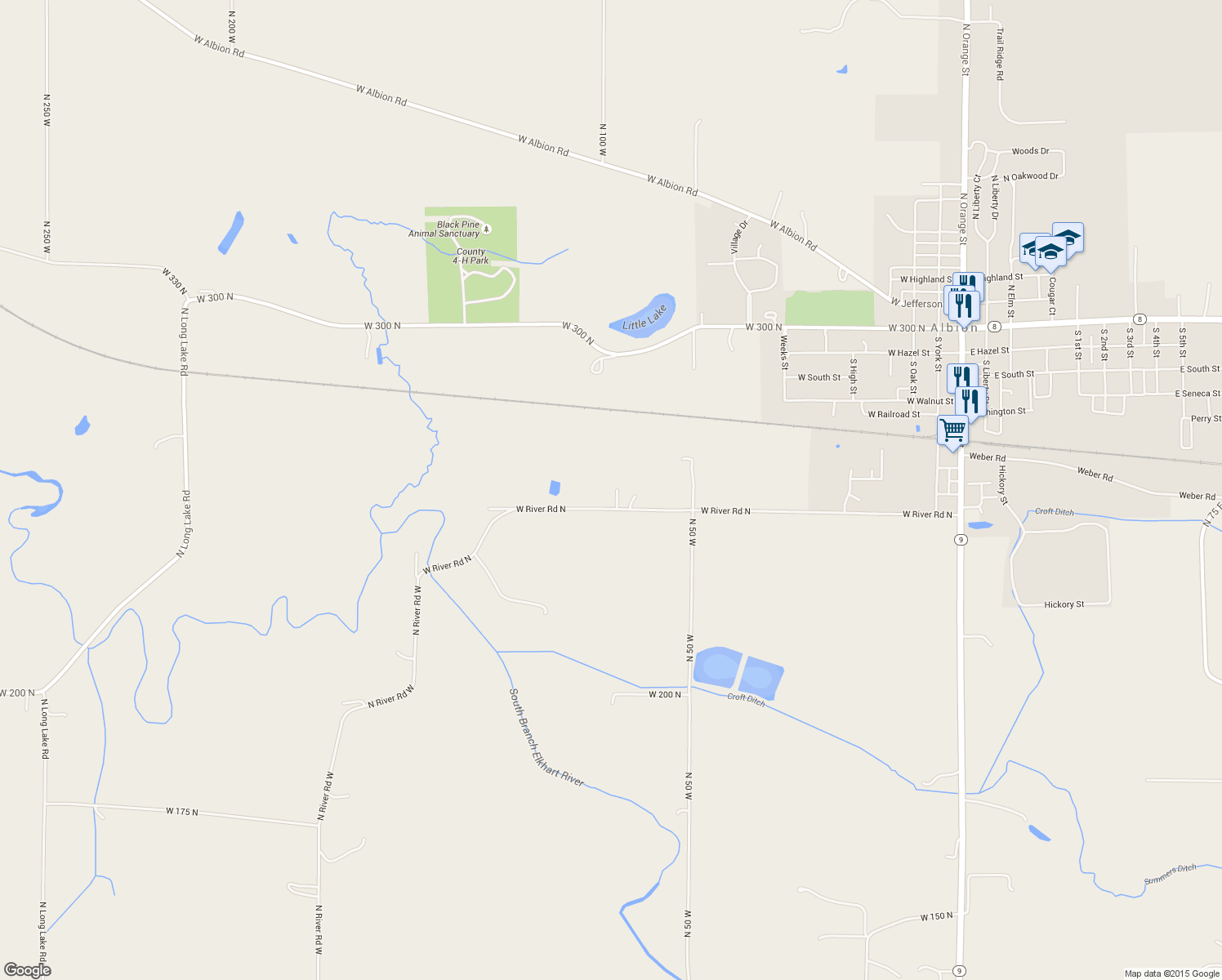 map of restaurants, bars, coffee shops, grocery stores, and more near 966 West River Road North in Albion