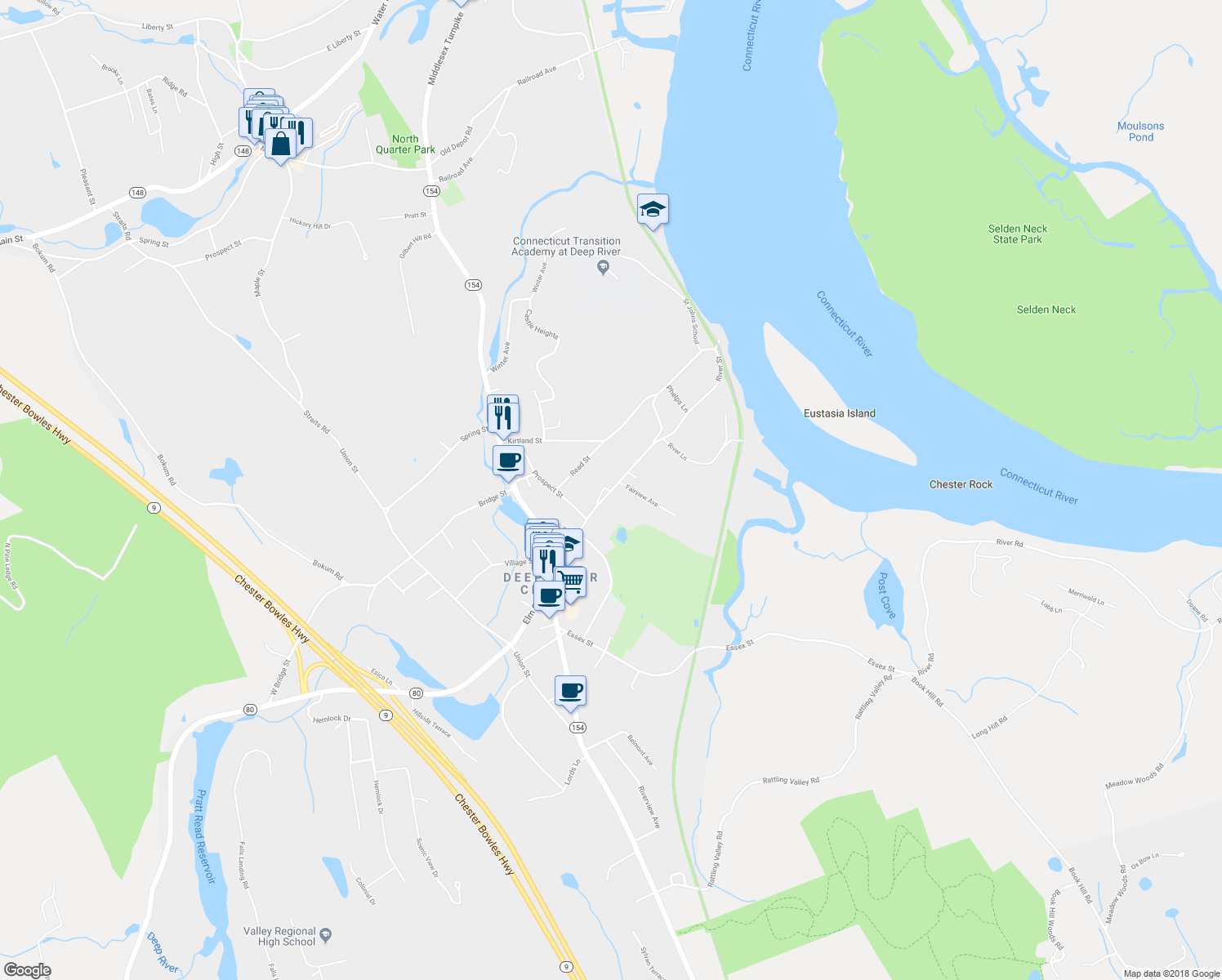 map of restaurants, bars, coffee shops, grocery stores, and more near 58 River St in Deep River