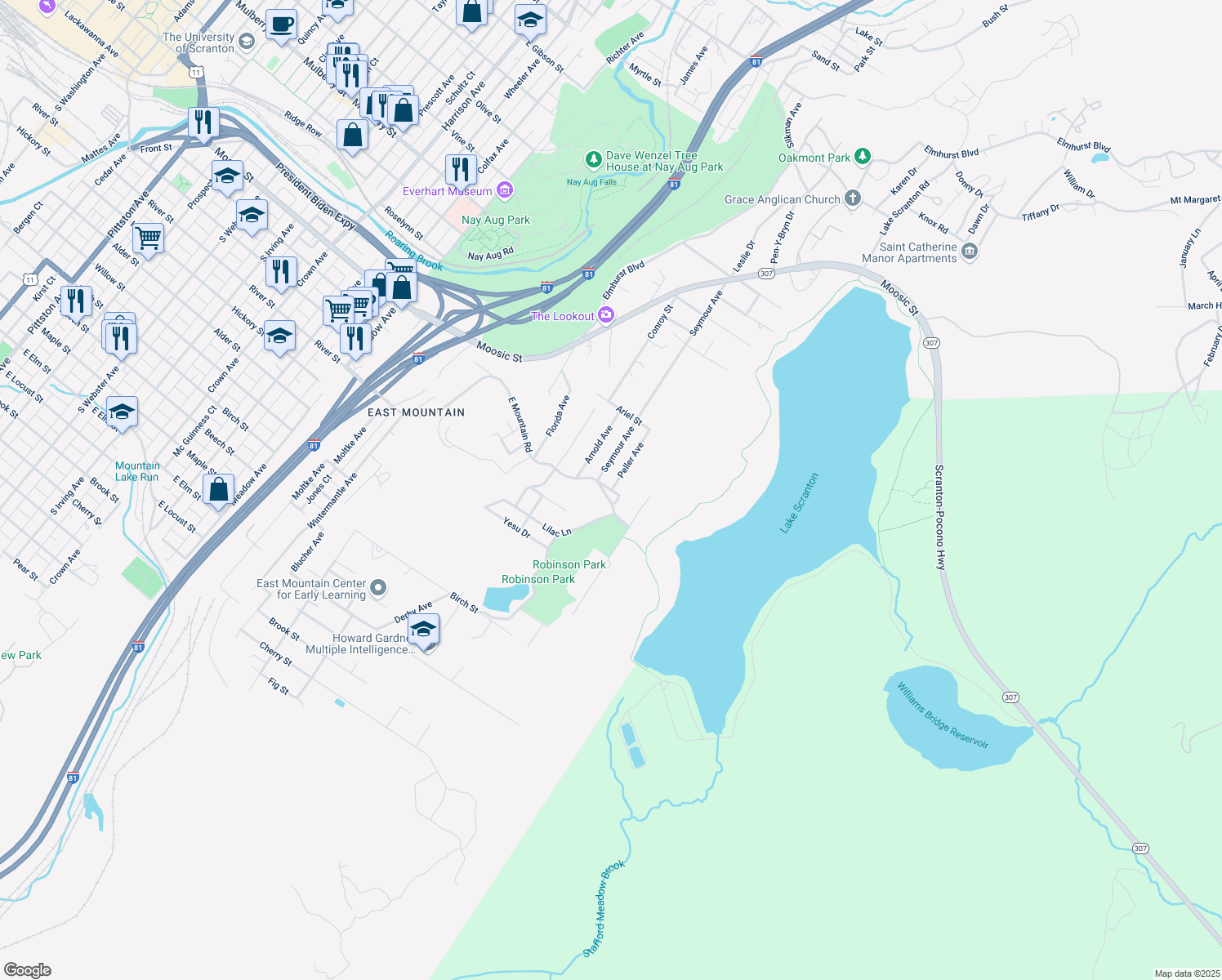 map of restaurants, bars, coffee shops, grocery stores, and more near 1899 E Mountain Rd in Scranton