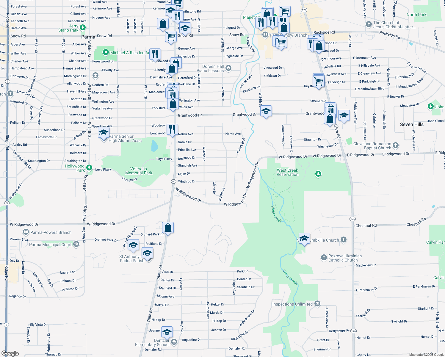 map of restaurants, bars, coffee shops, grocery stores, and more near 2956 Winthrop Dr in Parma