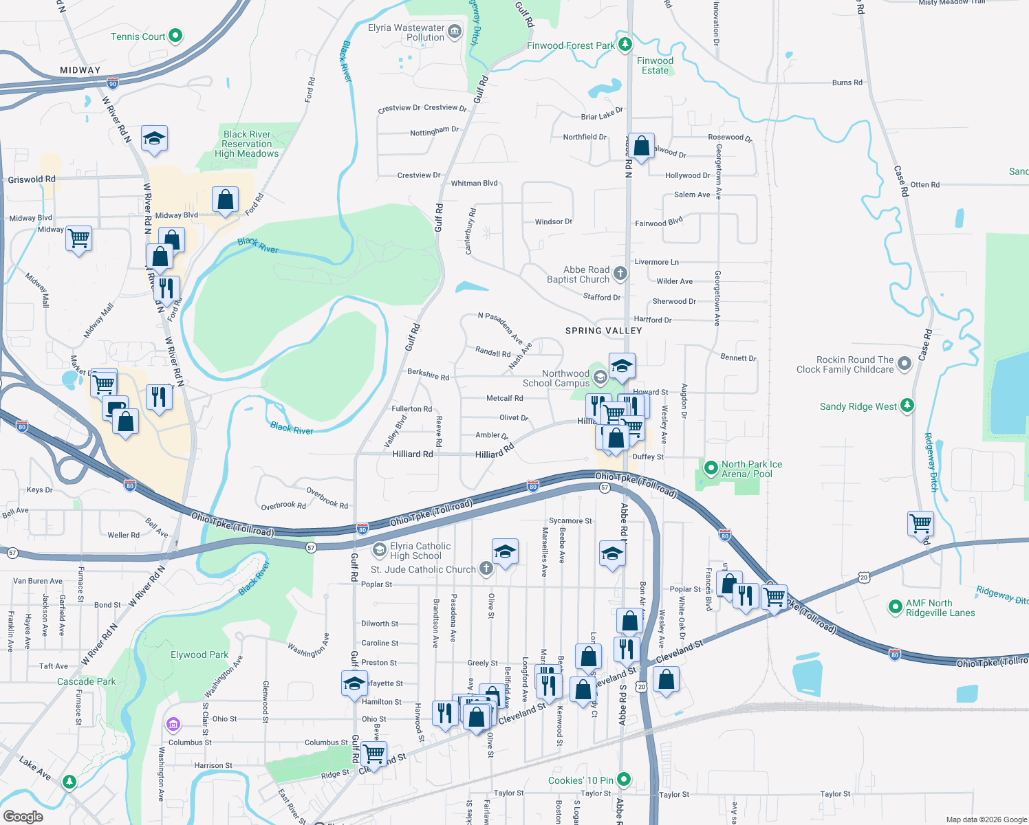 map of restaurants, bars, coffee shops, grocery stores, and more near 470 Olivet Dr in Elyria
