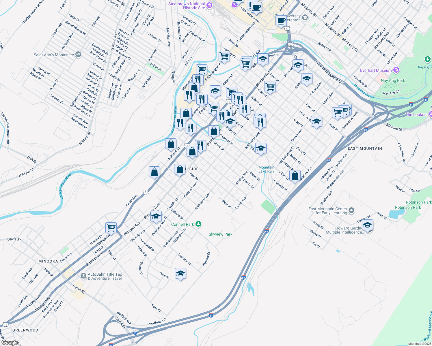 map of restaurants, bars, coffee shops, grocery stores, and more near 626 Fig Street in Scranton