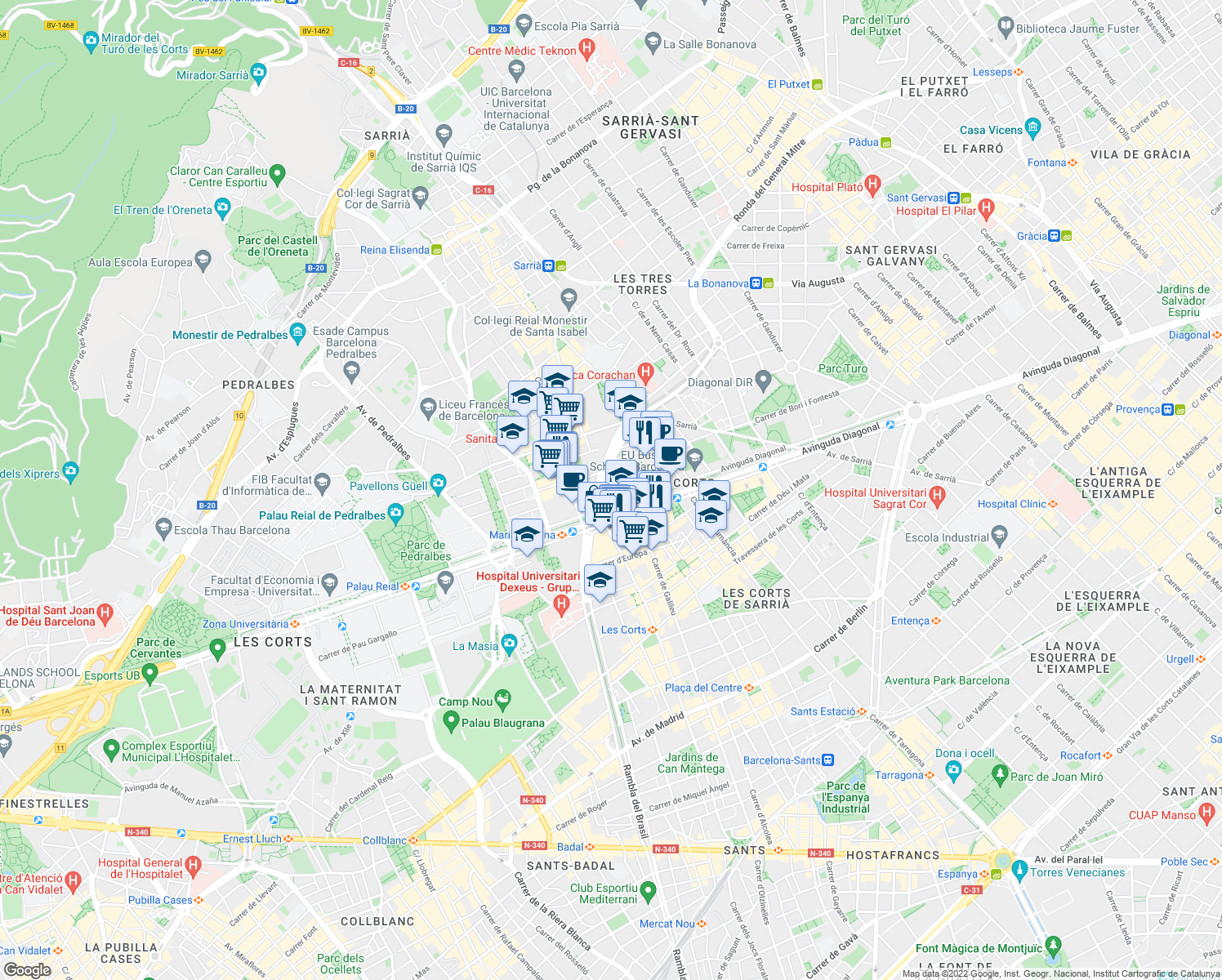 map of restaurants, bars, coffee shops, grocery stores, and more near 662 Avinguda Diagonal in Barcelona