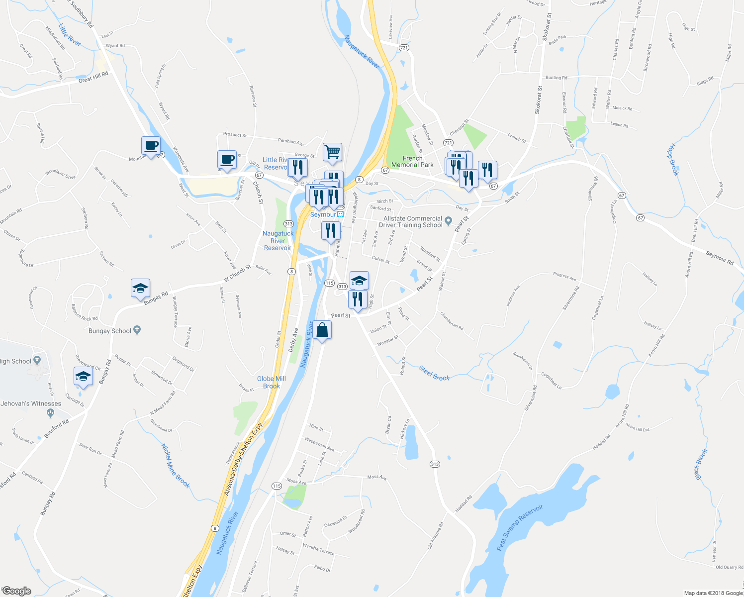 map of restaurants, bars, coffee shops, grocery stores, and more near 24 High St in Seymour