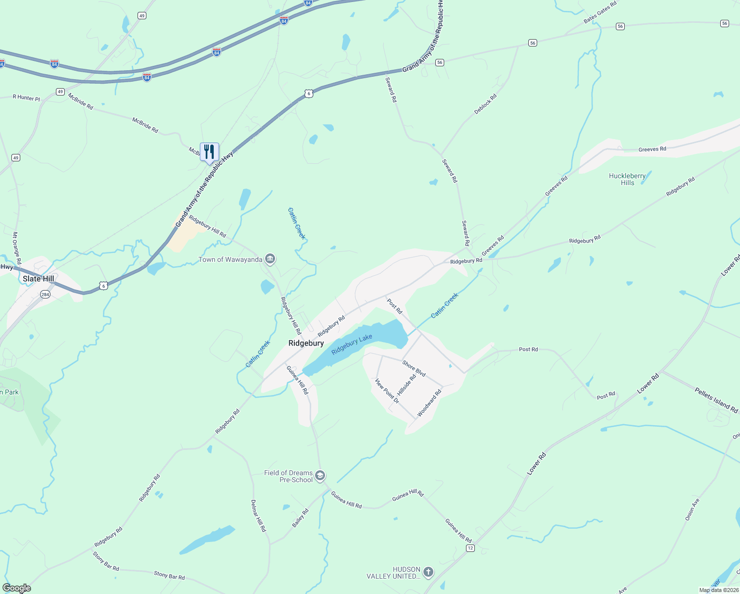 map of restaurants, bars, coffee shops, grocery stores, and more near 755 Ridgebury Road in Slate Hill