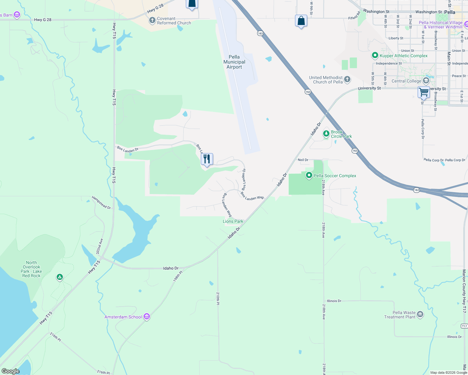 map of restaurants, bars, coffee shops, grocery stores, and more near 519 Brabant Laan in Pella