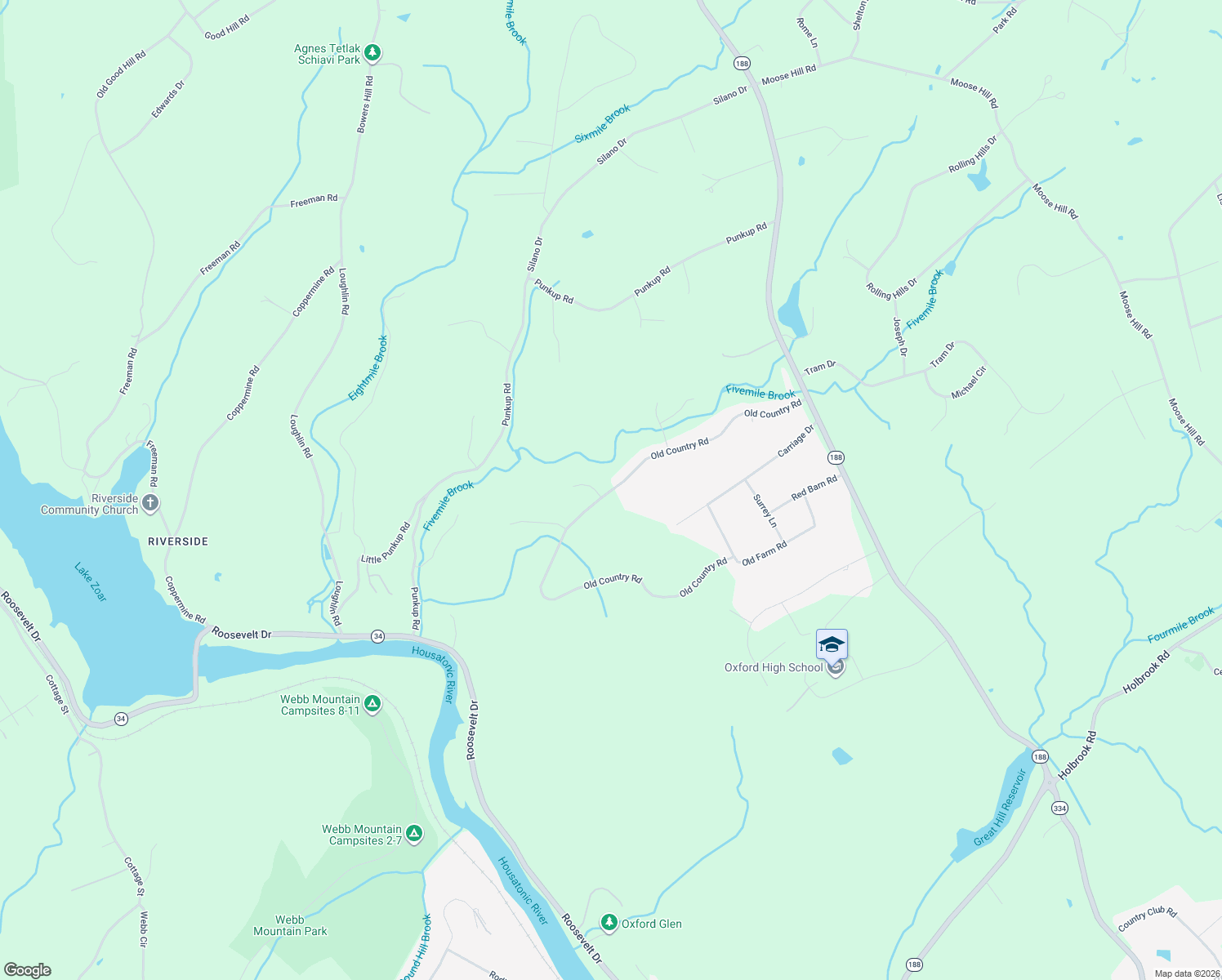 map of restaurants, bars, coffee shops, grocery stores, and more near 46 Old Country Road in Oxford