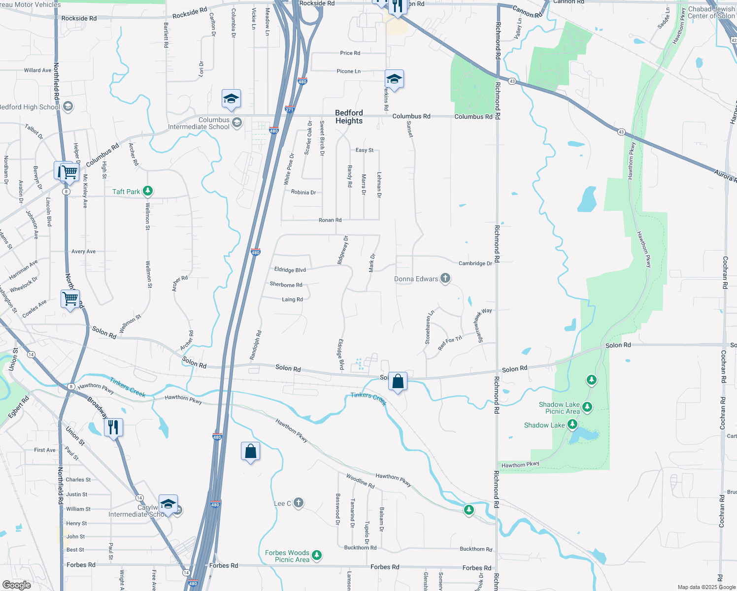 map of restaurants, bars, coffee shops, grocery stores, and more near 25280 Sandhurst Road in Bedford Heights