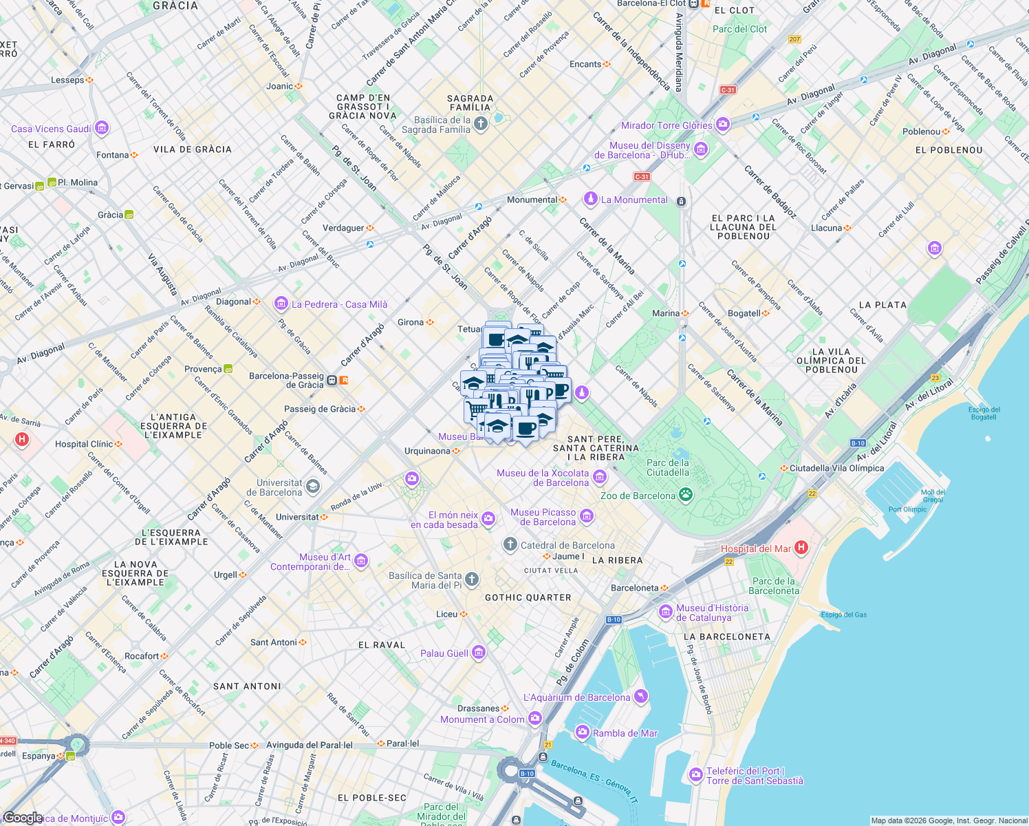 map of restaurants, bars, coffee shops, grocery stores, and more near 39 Ronda de Sant Pere in Barcelona