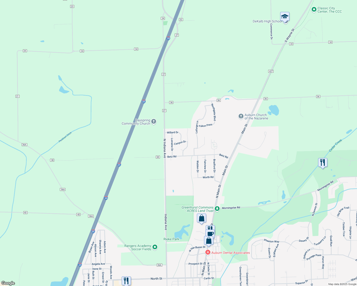 map of restaurants, bars, coffee shops, grocery stores, and more near Canyon Drive in Auburn