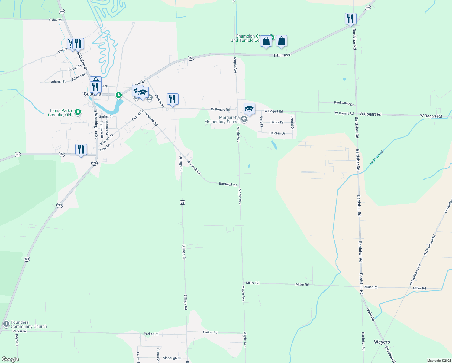 map of restaurants, bars, coffee shops, grocery stores, and more near 6017 Bardwell Rd in Castalia