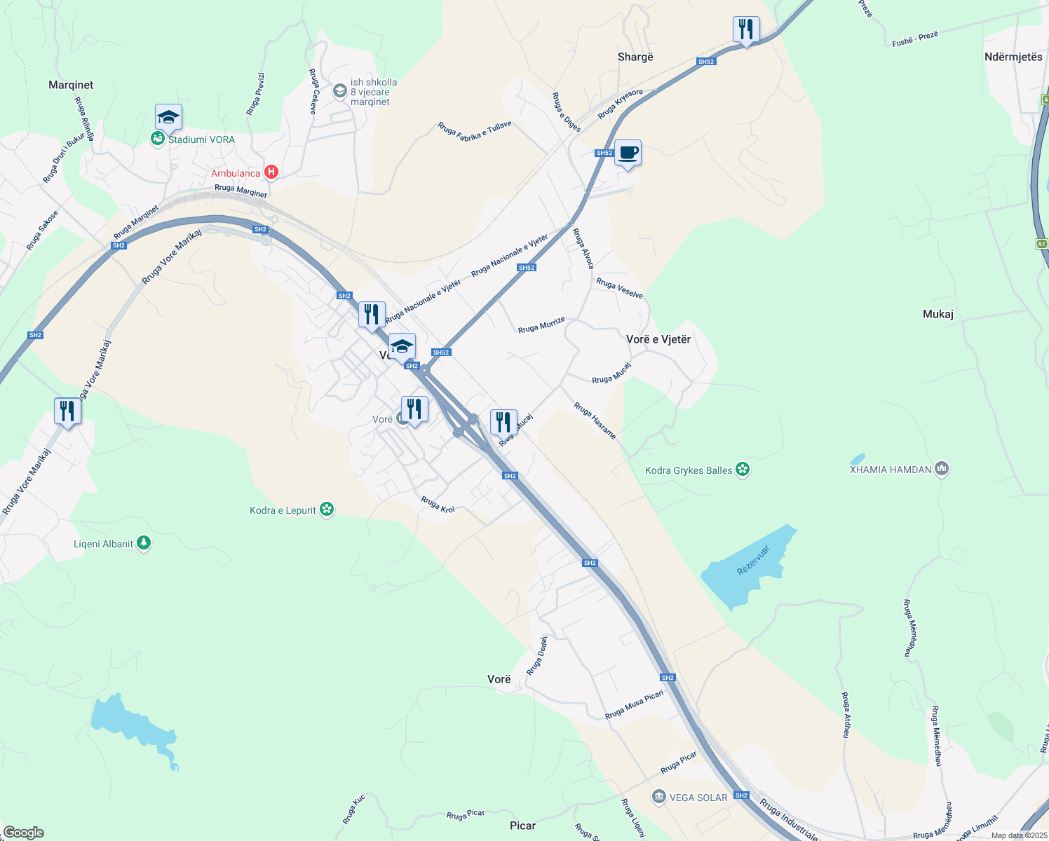 map of restaurants, bars, coffee shops, grocery stores, and more near Rruga Mucaj in Vorë
