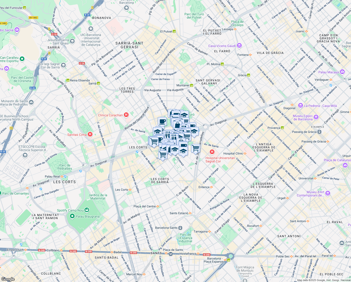 map of restaurants, bars, coffee shops, grocery stores, and more near 525 Avinguda Diagonal in Barcelona