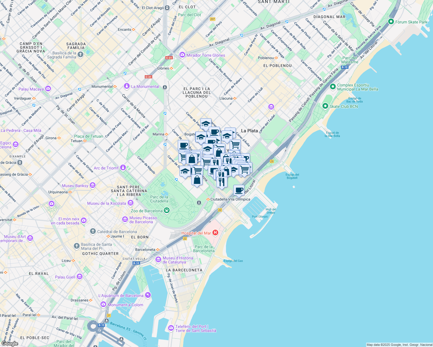 map of restaurants, bars, coffee shops, grocery stores, and more near 24 Carrer Joan Miró in Barcelona