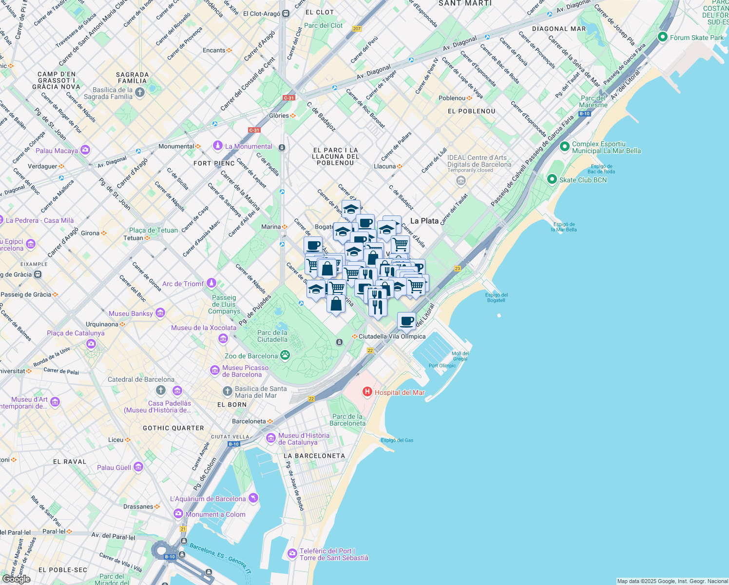 map of restaurants, bars, coffee shops, grocery stores, and more near 21 Carrer Joan Miró in Barcelona