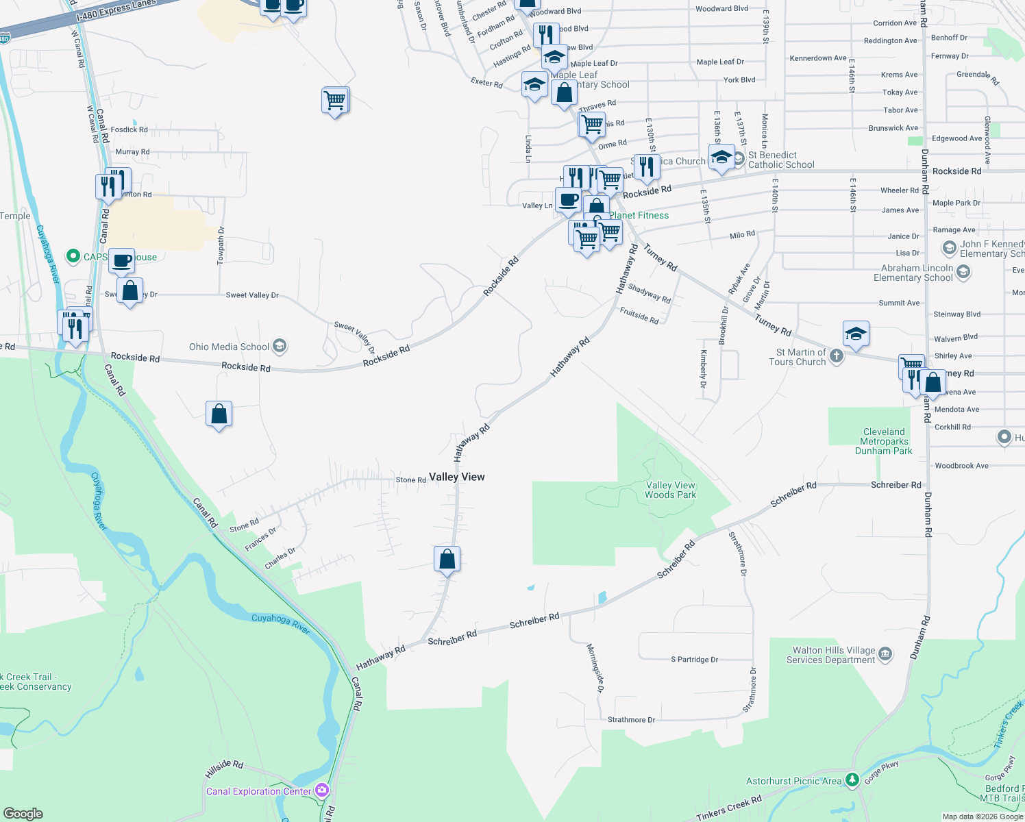map of restaurants, bars, coffee shops, grocery stores, and more near 6579 Hathaway Road in Valley View
