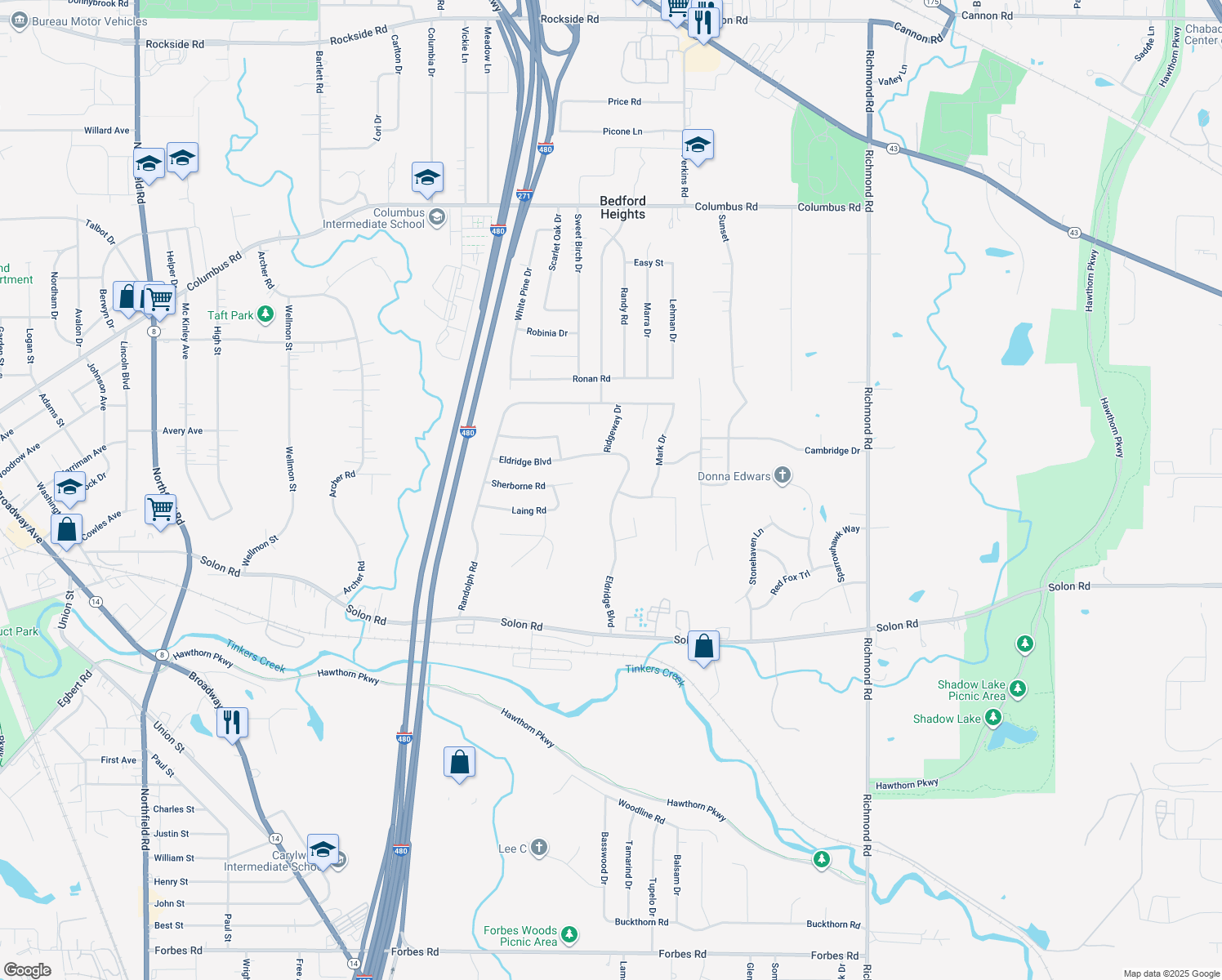 map of restaurants, bars, coffee shops, grocery stores, and more near 6210 Eldridge Boulevard in Bedford Heights