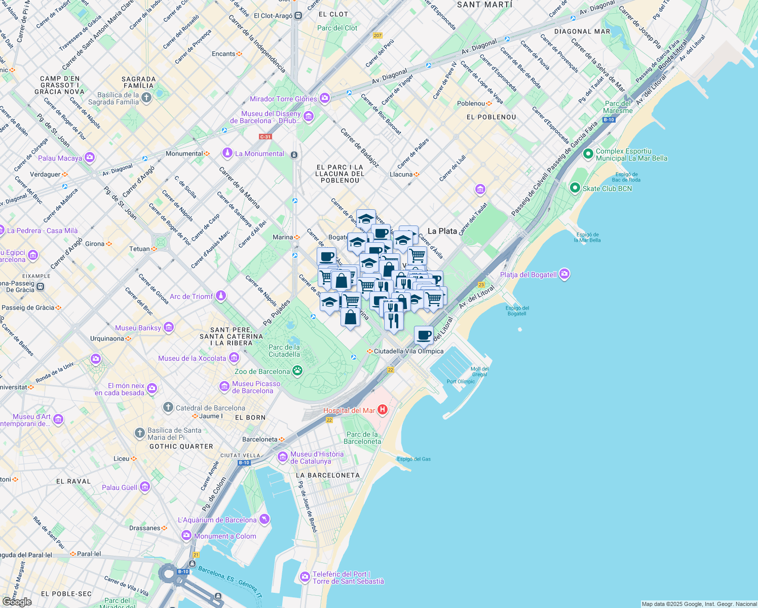 map of restaurants, bars, coffee shops, grocery stores, and more near 21 Carrer Joan Miró in Barcelona