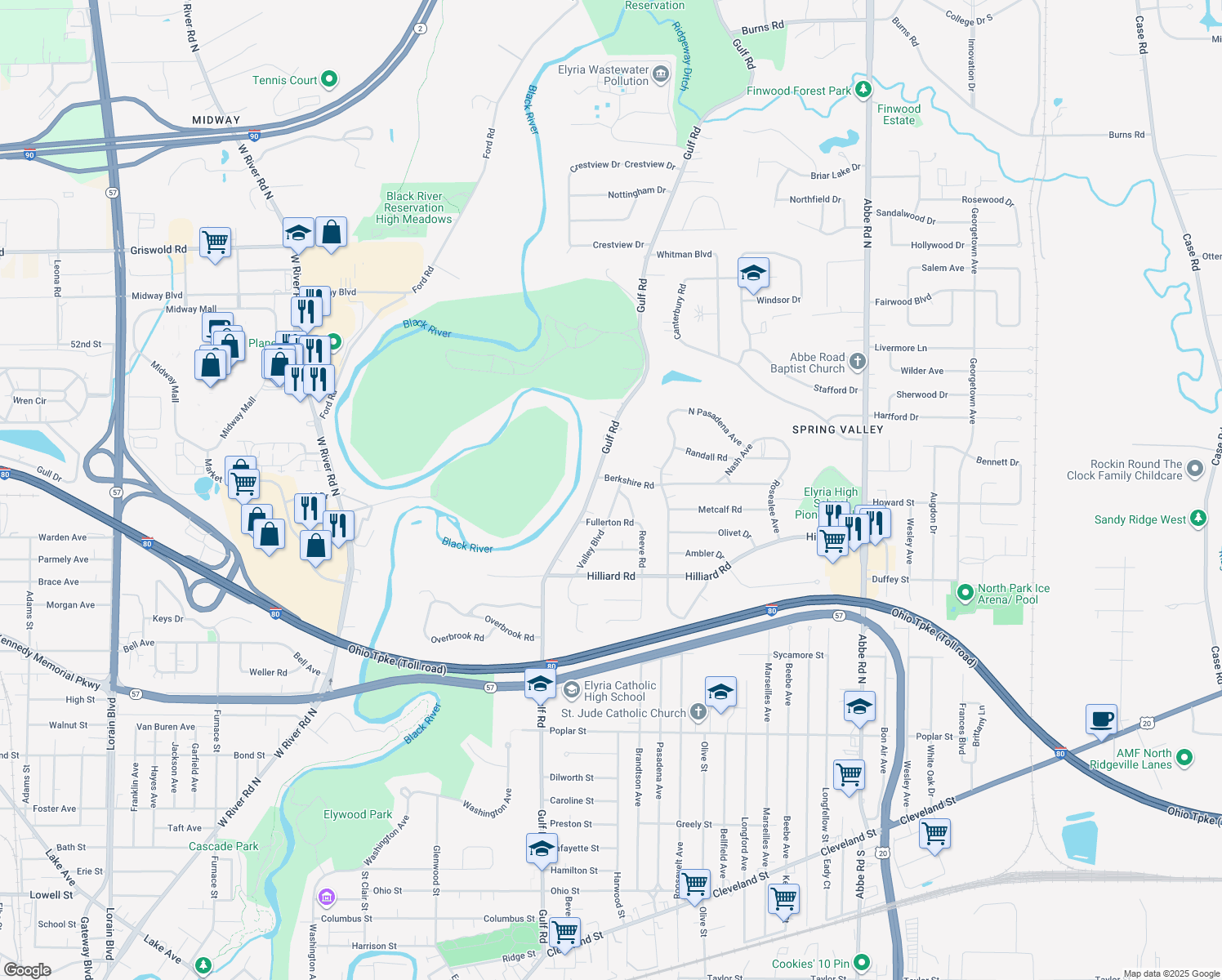 map of restaurants, bars, coffee shops, grocery stores, and more near 1024 Valley Blvd in Elyria