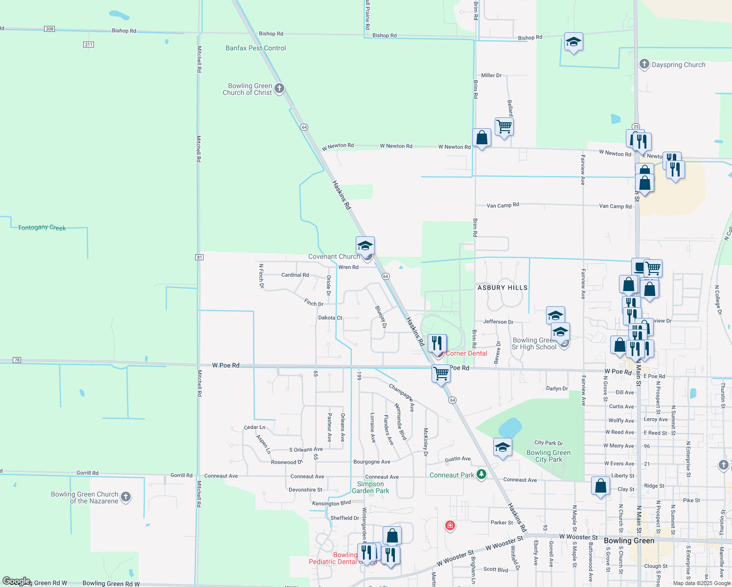 map of restaurants, bars, coffee shops, grocery stores, and more near 1149 Bluejay Drive in Bowling Green