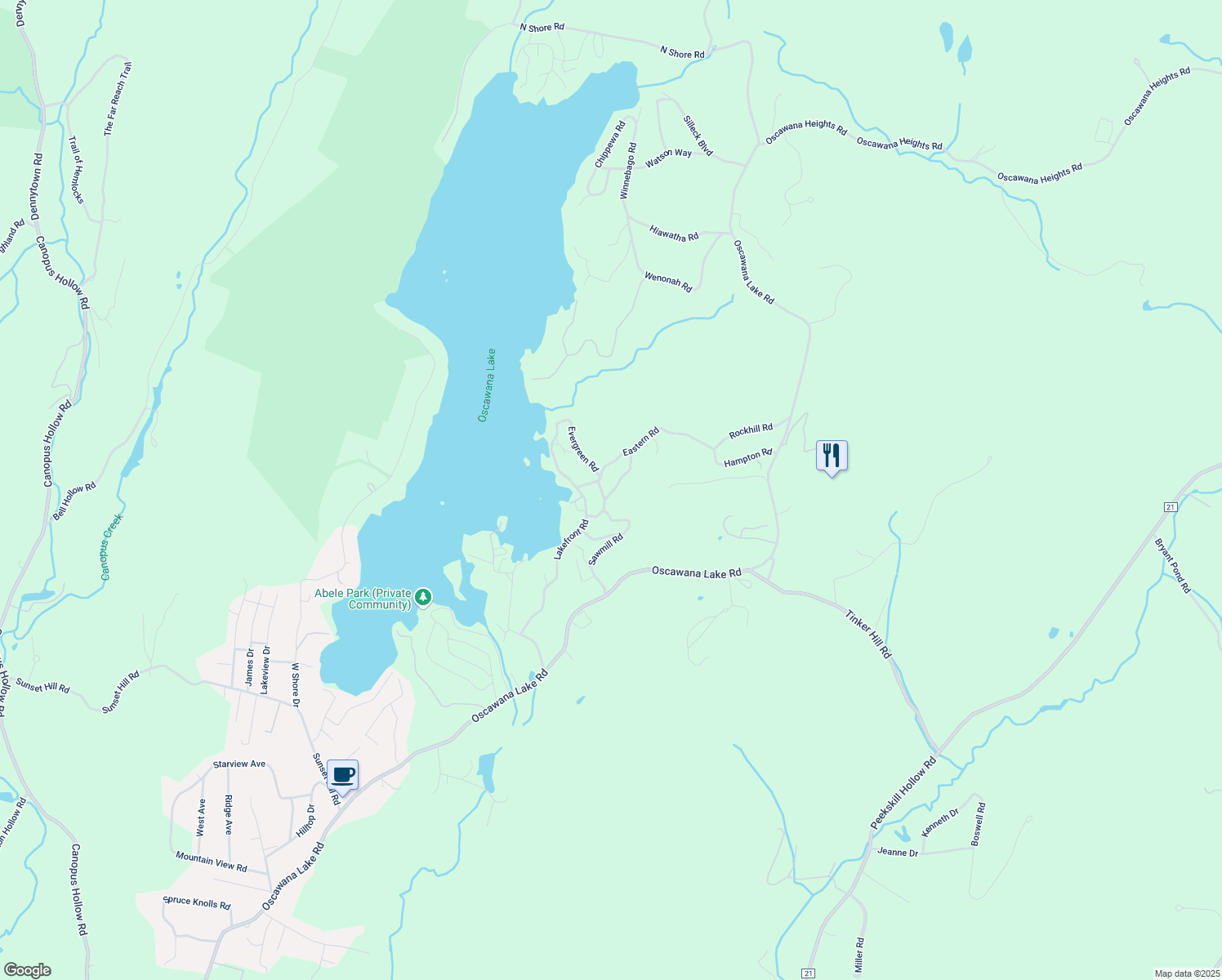 map of restaurants, bars, coffee shops, grocery stores, and more near 27 Woodleigh Road in Putnam Valley