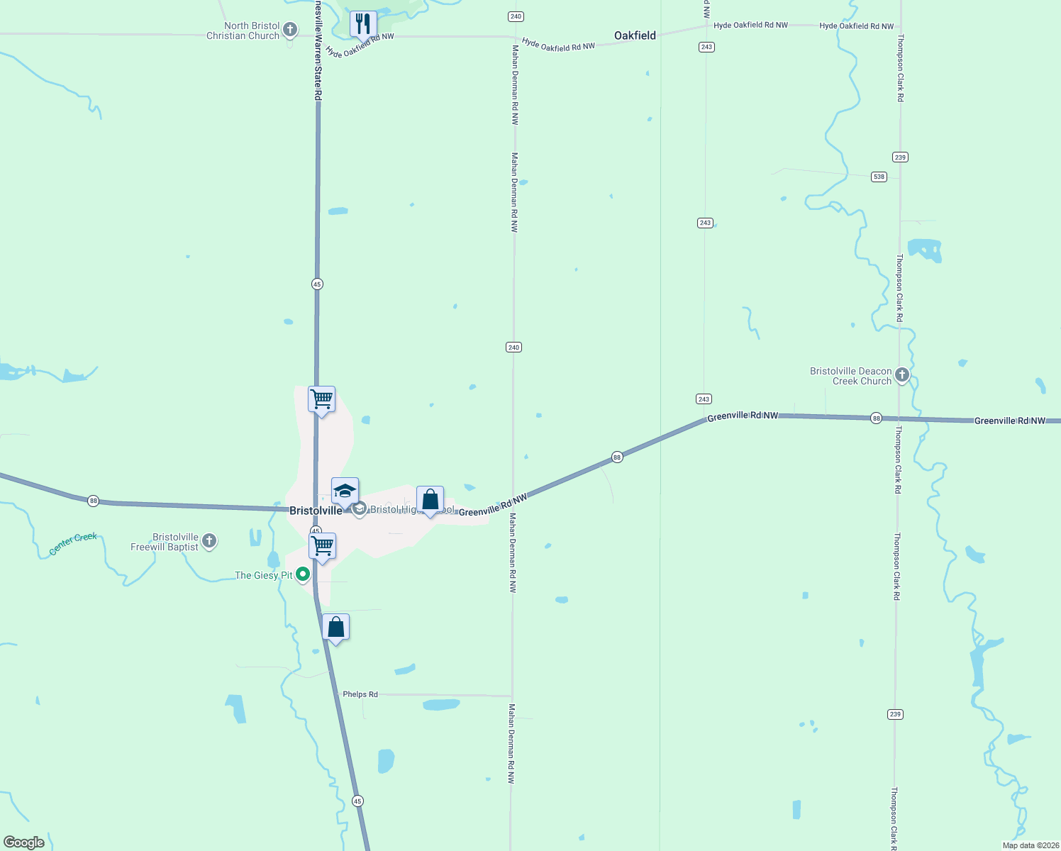 map of restaurants, bars, coffee shops, grocery stores, and more near 2405 Mahan Denman Road Northwest in Bristolville