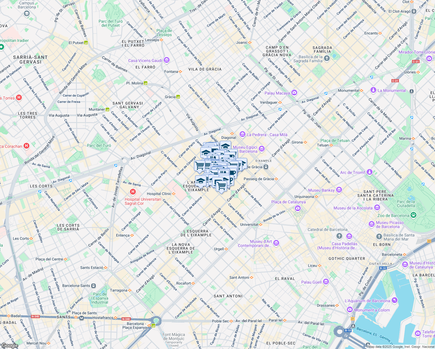 map of restaurants, bars, coffee shops, grocery stores, and more near 46 Carrer d'Enric Granados in Barcelona