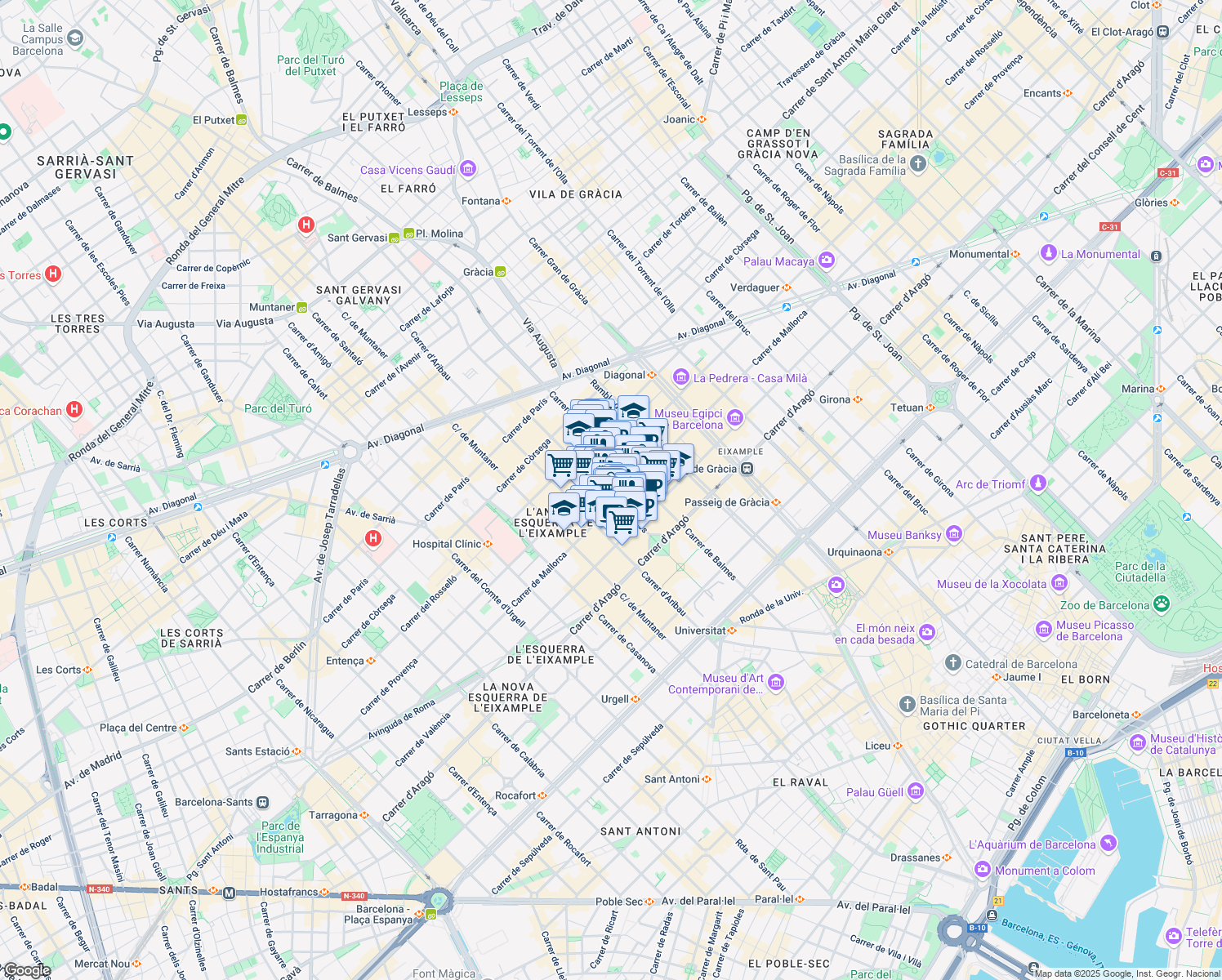 map of restaurants, bars, coffee shops, grocery stores, and more near 46 Carrer d'Enric Granados in Barcelona