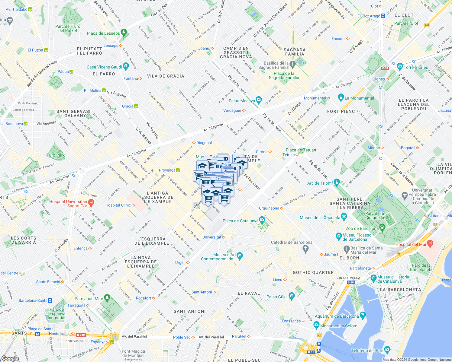 map of restaurants, bars, coffee shops, grocery stores, and more near 43 Passeig de Gràcia in Barcelona