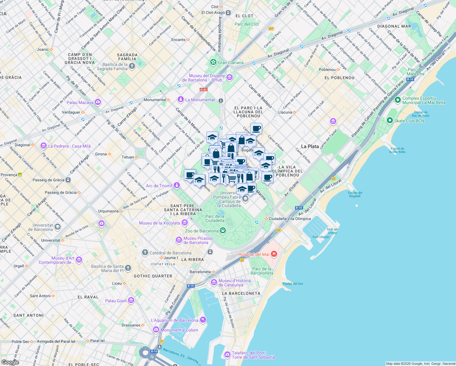 map of restaurants, bars, coffee shops, grocery stores, and more near 8 Carrer de Pujades in Barcelona