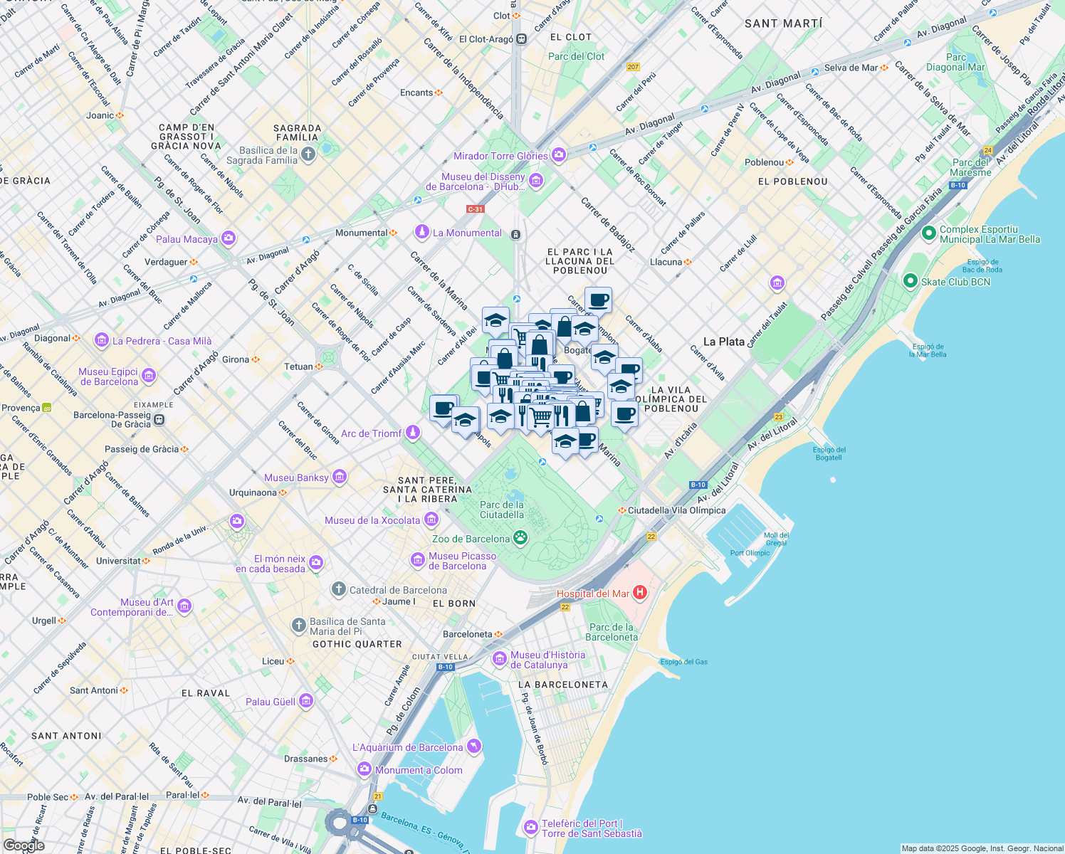 map of restaurants, bars, coffee shops, grocery stores, and more near 8 Carrer de Pujades in Barcelona
