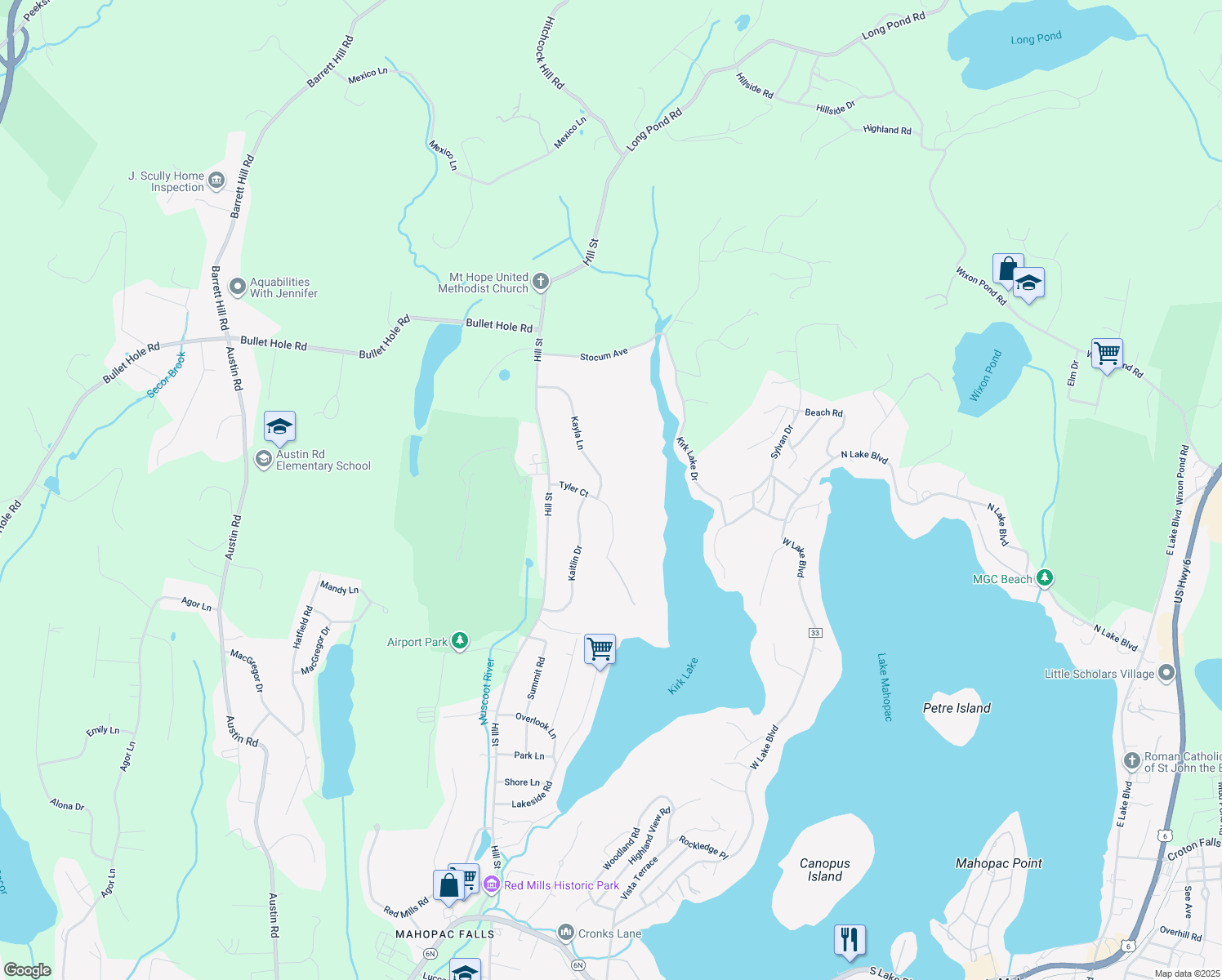 map of restaurants, bars, coffee shops, grocery stores, and more near 19 Tyler Court in Mahopac