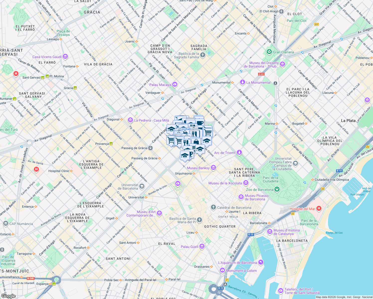 map of restaurants, bars, coffee shops, grocery stores, and more near 639 Gran Via de les Corts Catalanes in Barcelona