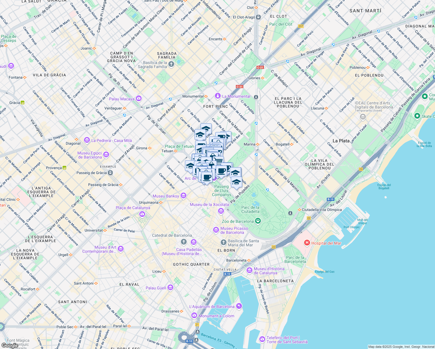 map of restaurants, bars, coffee shops, grocery stores, and more near 8 Avinguda de Vilanova in Barcelona