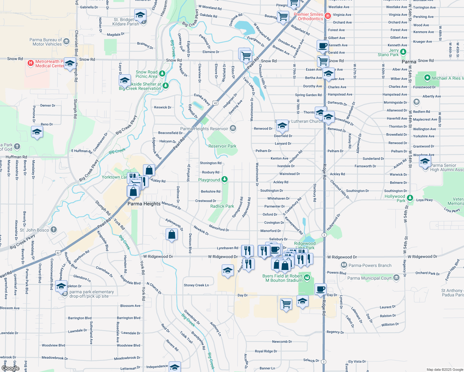 map of restaurants, bars, coffee shops, grocery stores, and more near 6314 Nelwood Road in Parma Heights