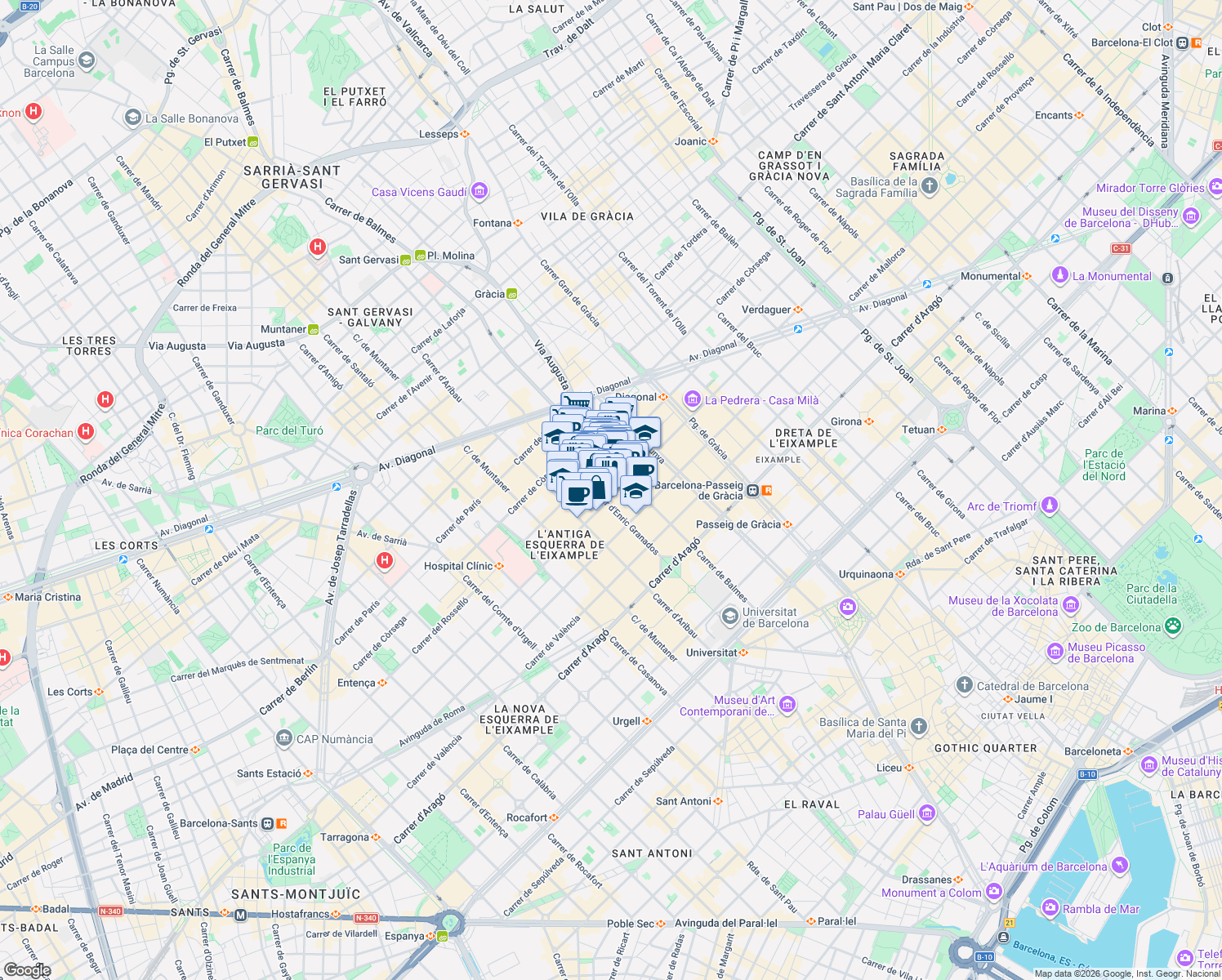 map of restaurants, bars, coffee shops, grocery stores, and more near 201 Carrer de Provença in Barcelona