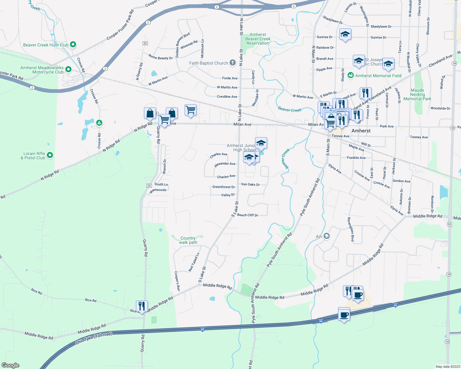 map of restaurants, bars, coffee shops, grocery stores, and more near 733 Greenforest Drive in Amherst