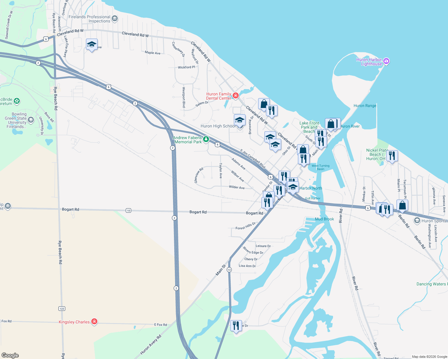 map of restaurants, bars, coffee shops, grocery stores, and more near 726 Taylor Avenue in Huron