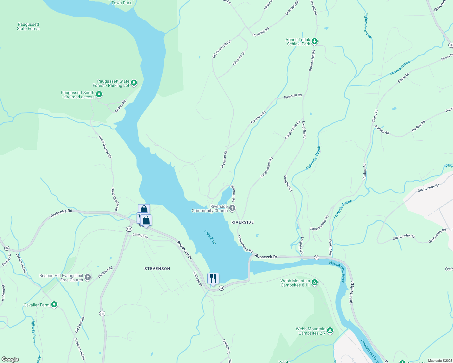 map of restaurants, bars, coffee shops, grocery stores, and more near 165 Freeman Road in Oxford