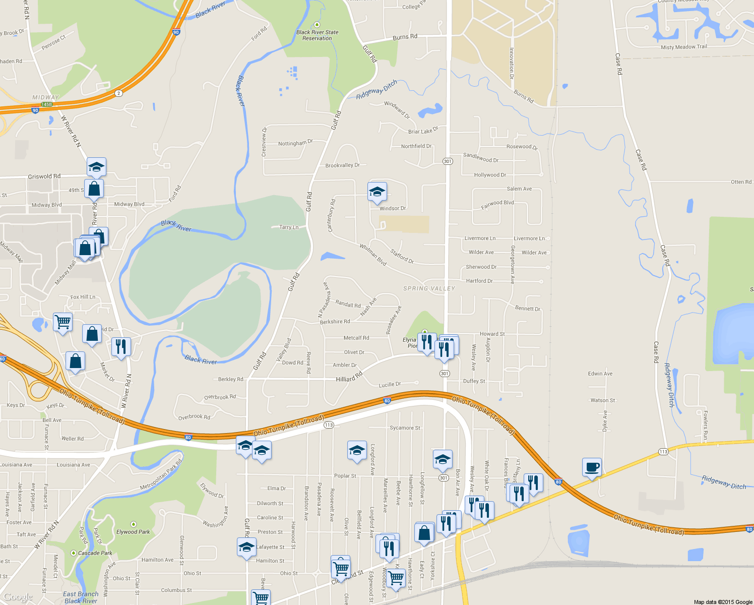 map of restaurants, bars, coffee shops, grocery stores, and more near 1305 Nash Ave in Elyria