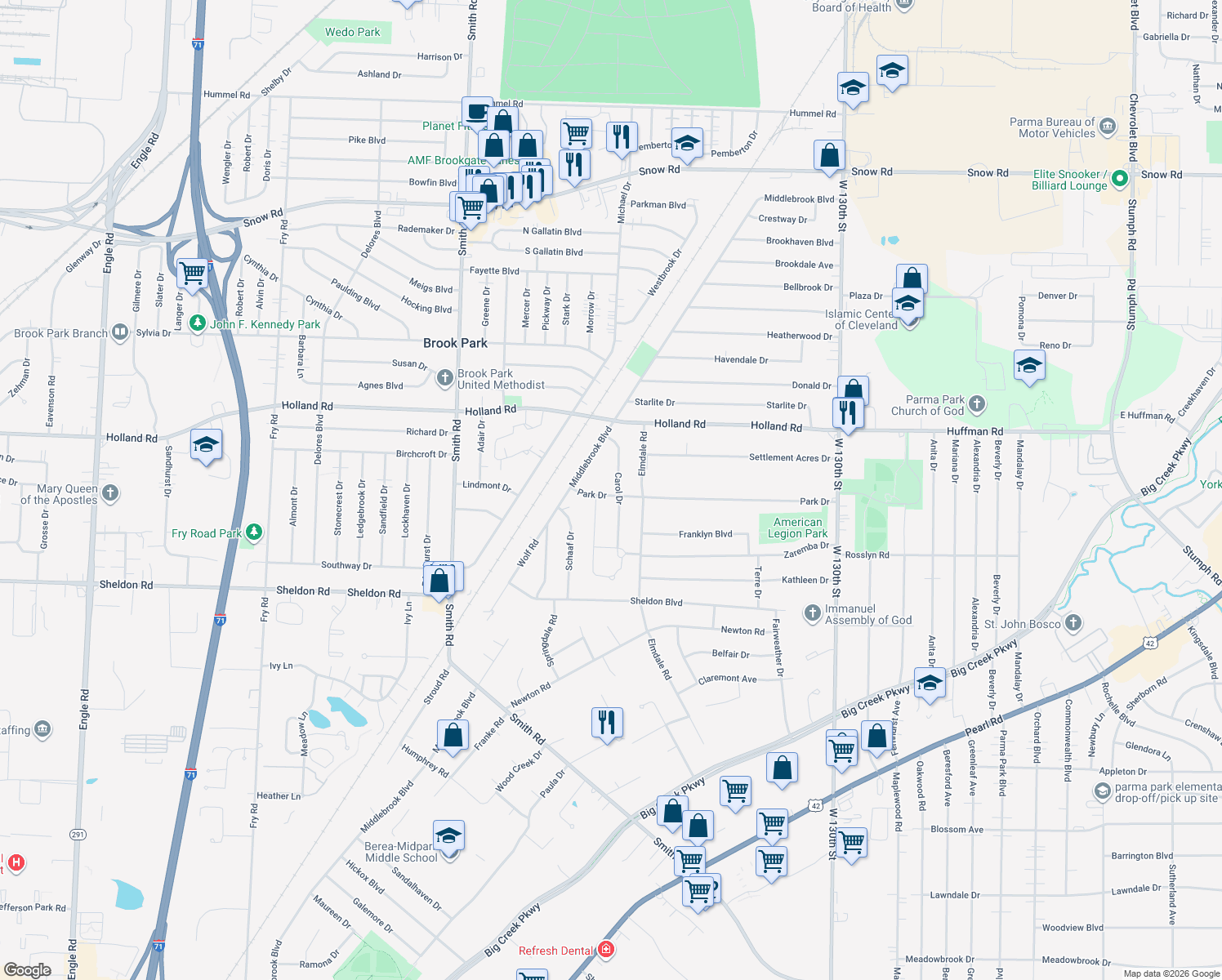 map of restaurants, bars, coffee shops, grocery stores, and more near 14288 Park Drive in Brook Park