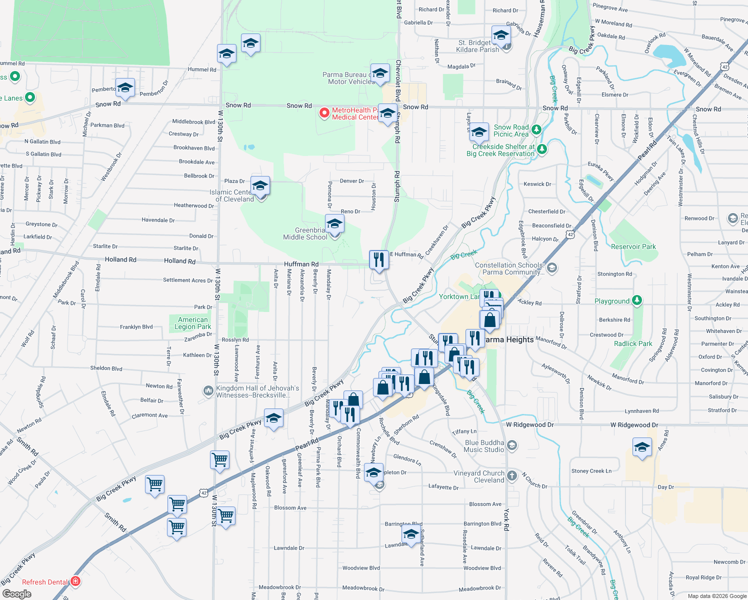 map of restaurants, bars, coffee shops, grocery stores, and more near 12205 Emma Ln in Parma Heights