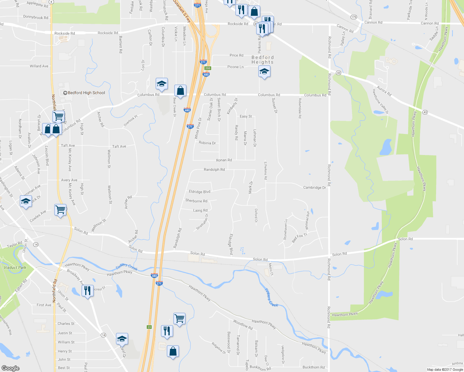 map of restaurants, bars, coffee shops, grocery stores, and more near 6147 Eldridge Boulevard in Bedford Heights