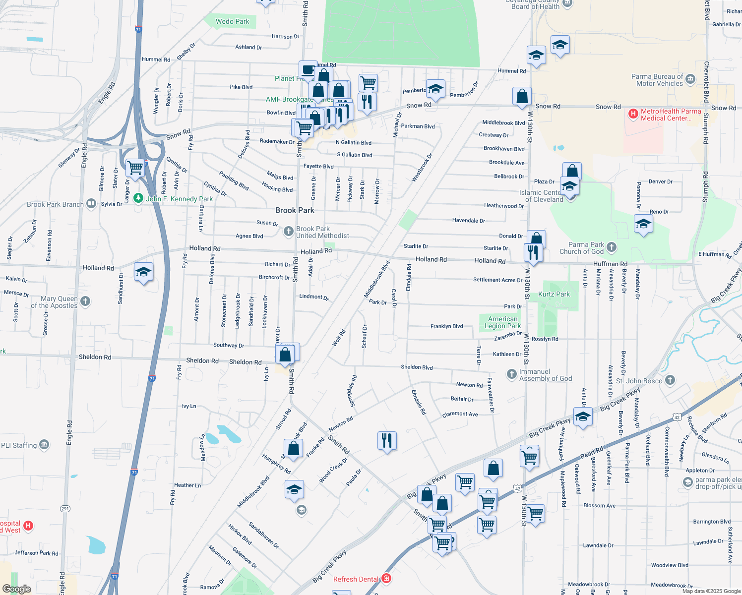 map of restaurants, bars, coffee shops, grocery stores, and more near 14432 Park Dr in Brook Park