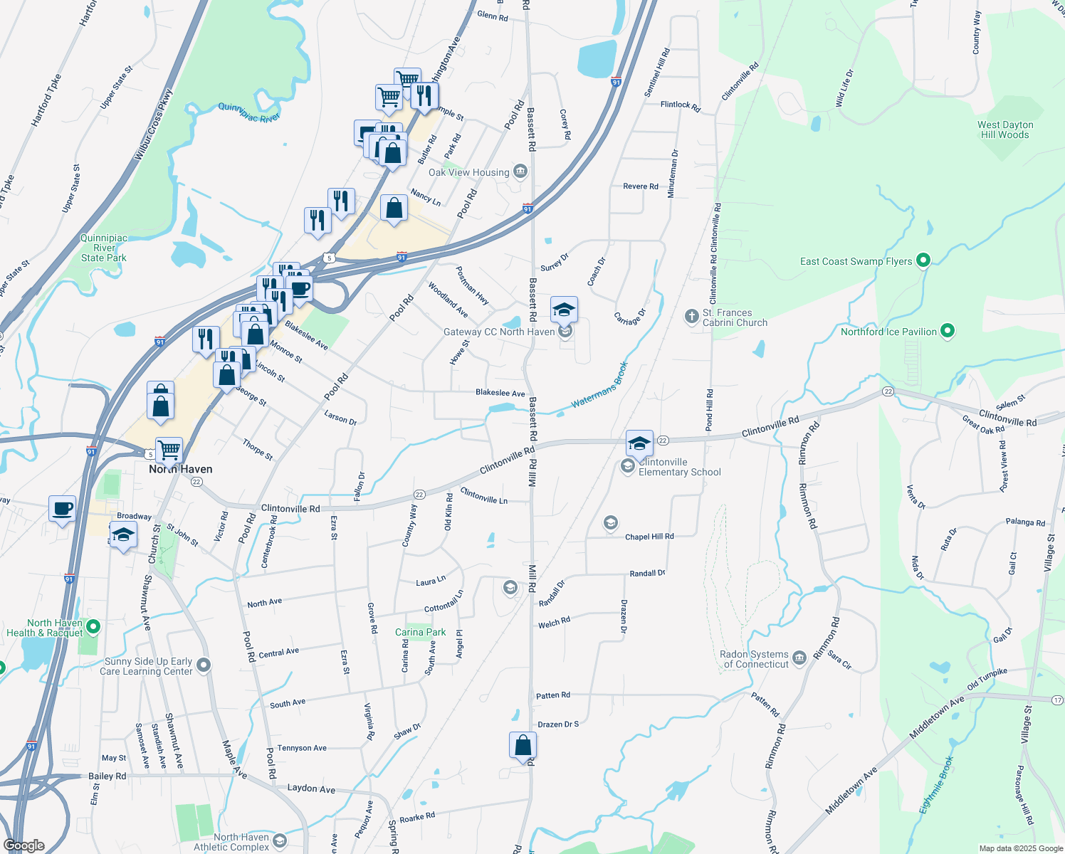 map of restaurants, bars, coffee shops, grocery stores, and more near 15 Bassett Road in North Haven